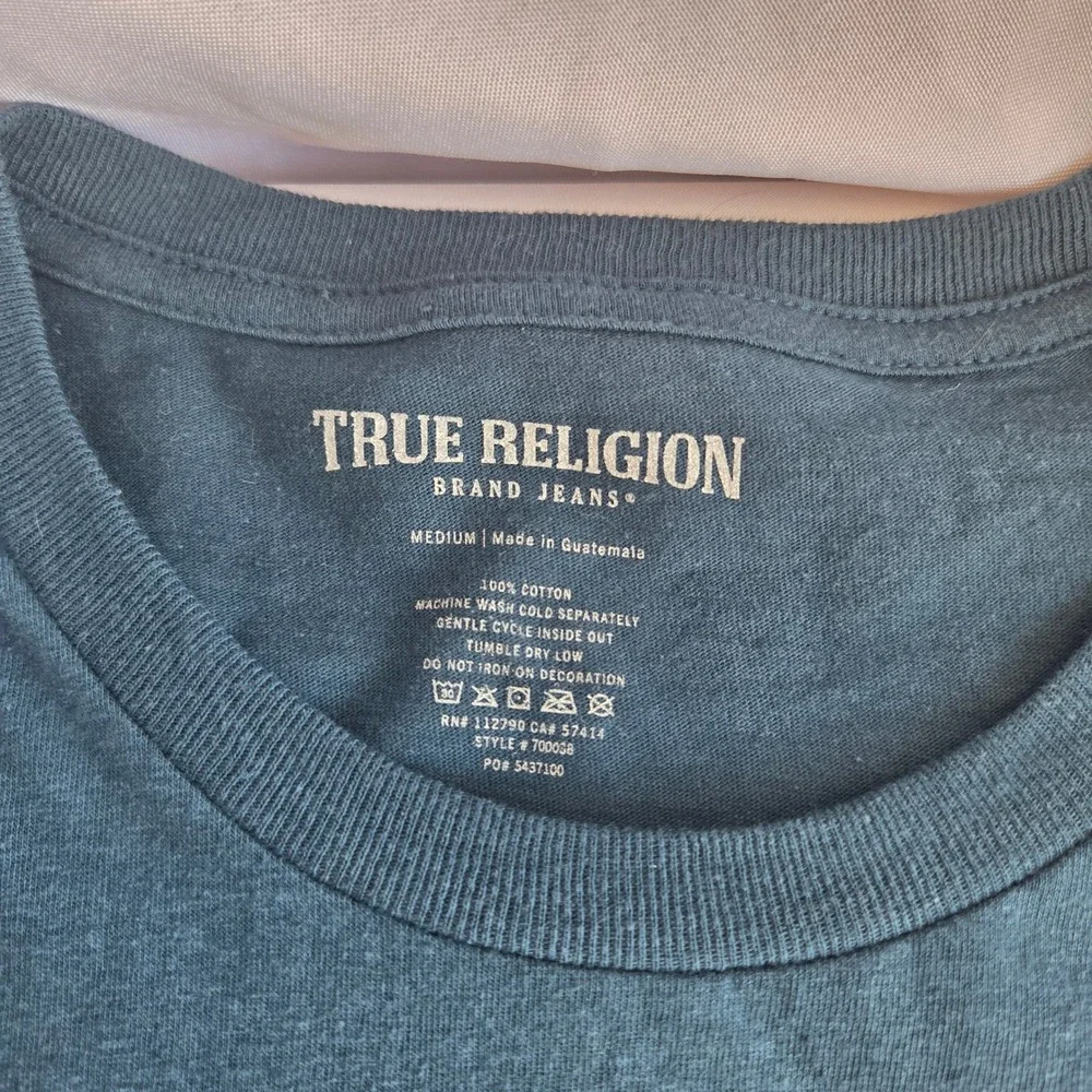 True Religion Mens Graphic T-Shirt Blue Y2K Horseshoe Logo Cotton Tee Medium